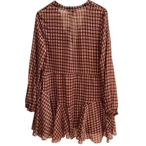 Lulus Plaid Long Sleeve Tiered Mini Dress Brown Check V-Neck L Fall Casual Boho - Picture 5 of 9